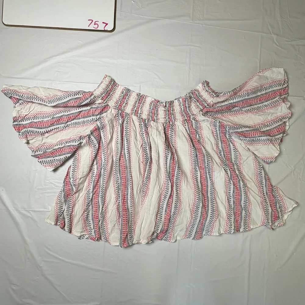 Ocean Drive Womens Off Shoulder Smocked Striped Crop Top Nautical Red Blue Large